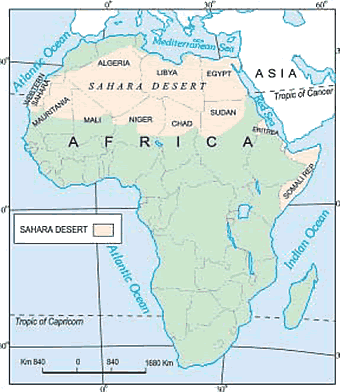 Map of Africa, mark the Sahara desert and countries around it
