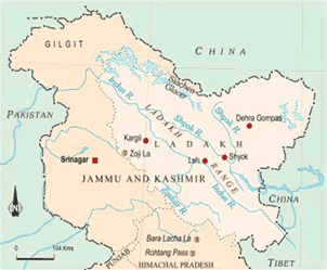 Map of India, mark the Karakoram Range, Zanskar Range, Ladakh and Zojila pas