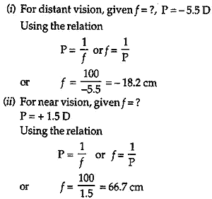 What is the focal length of the lens required for correcting (i) distant vision, and (ii) near vision